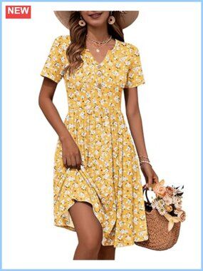 Womens V Neck Button Down Empire Waist Midi Summer Dress with Pockets